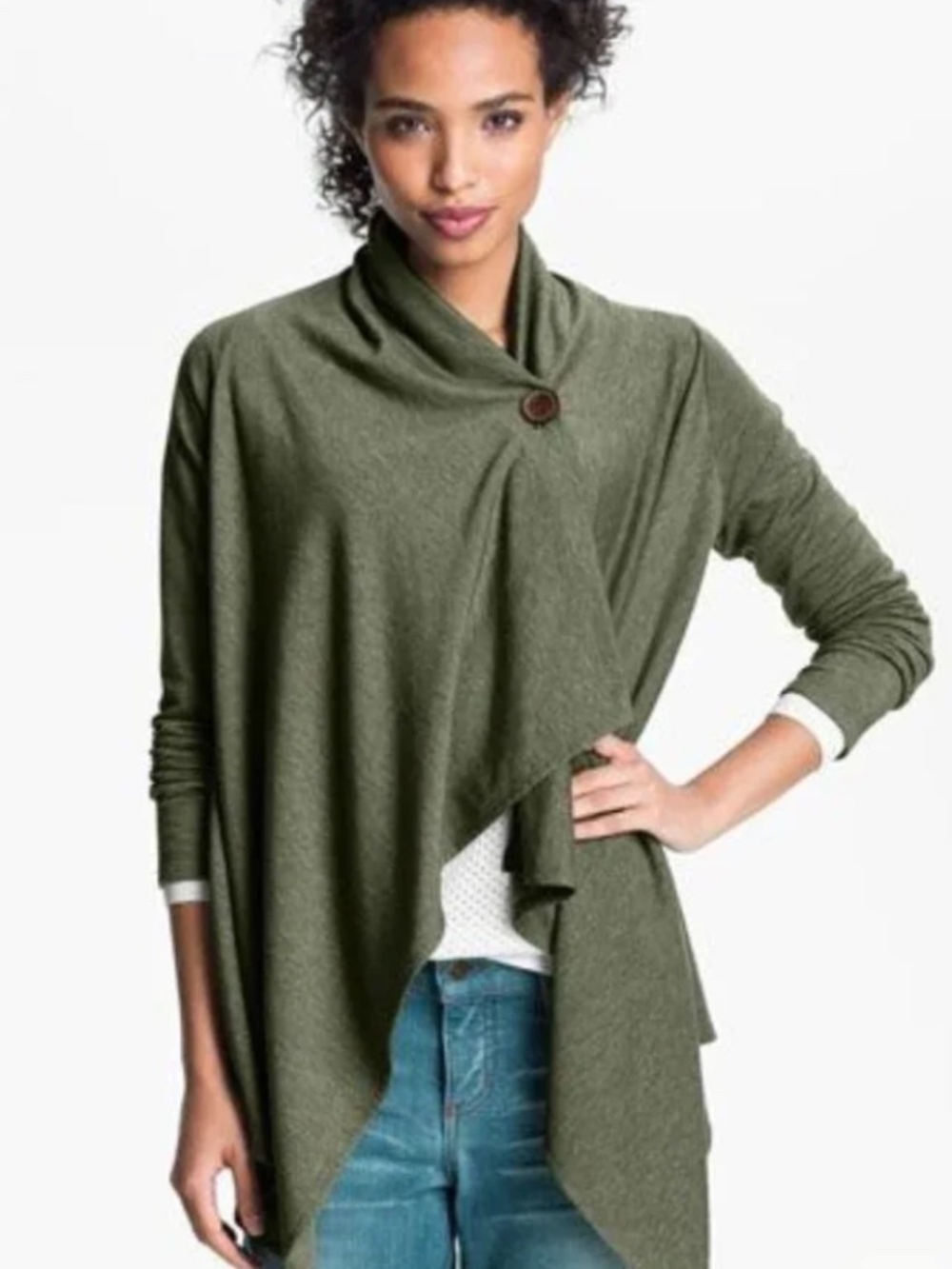 Bobeau Open Front One Button Fleece Wrap Sweater